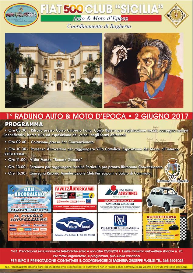 2 Giugno 2017 - Festa della Repubblica a Bagheria. La Città delle Ville, in occasione della celebrazione della Festa della Repubblica, ospiterà un raduno di auto e moto d’epoca, organizzato dal FIAT 500 Club Sicilia, associazione culturale di Palermo. Ai partecipanti verrà omaggiato un gadget in Ceramica Artistica Siciliana: un modellino della mitica 500, realizzato dall'artista bagherese Patrizia Di Piazza. Ideata da Dante Giacosa la 500 o cinquino,  divenne nel periodo del boom economico, un vero e proprio simbolo dell'orgoglio italiano.